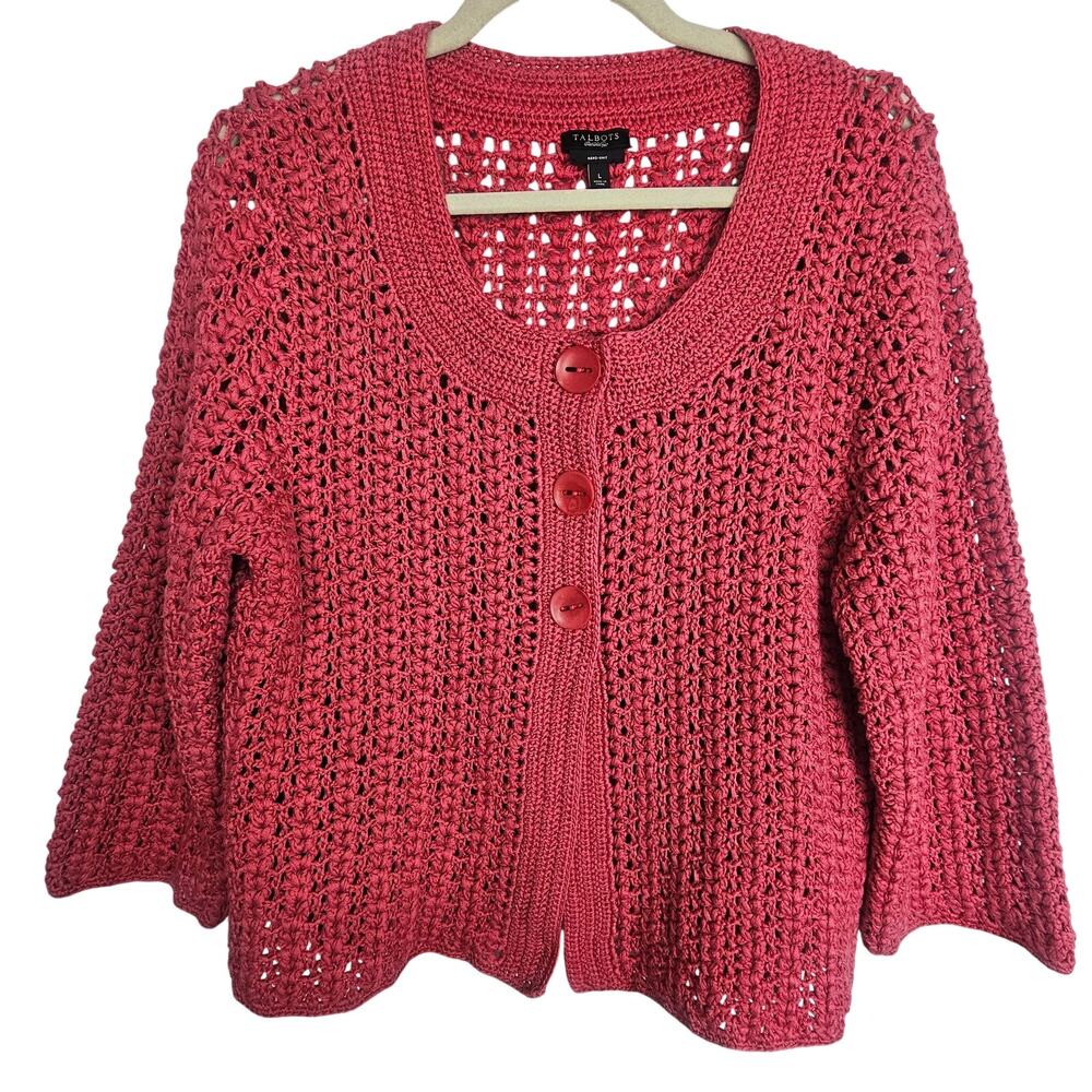 Talbots Womens Chunky Open Knit Cardigan Sweater L Cottagecore Hand Knit Heavy